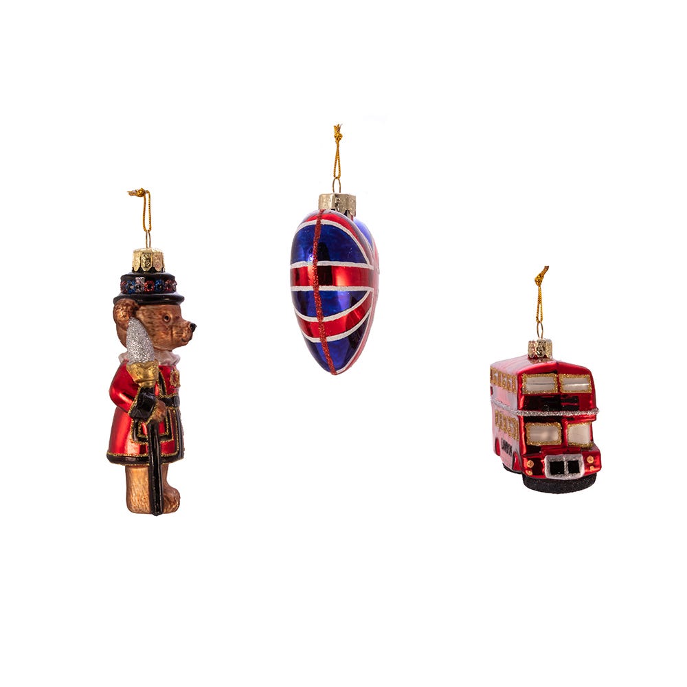 Kurt Adler 4.5-Inch Britain Inspired Glass Ornaments, Set of 3